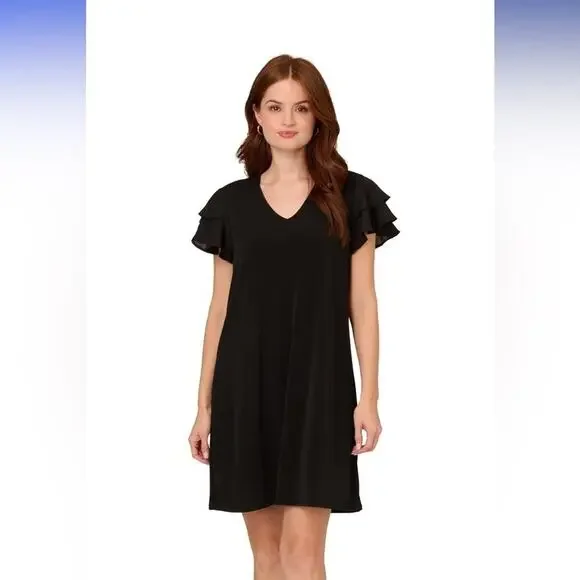 Adrianna Papell Women's V Neck Double Flutter Sleeve Black Dress NWT Size L - Picture 2 of 6